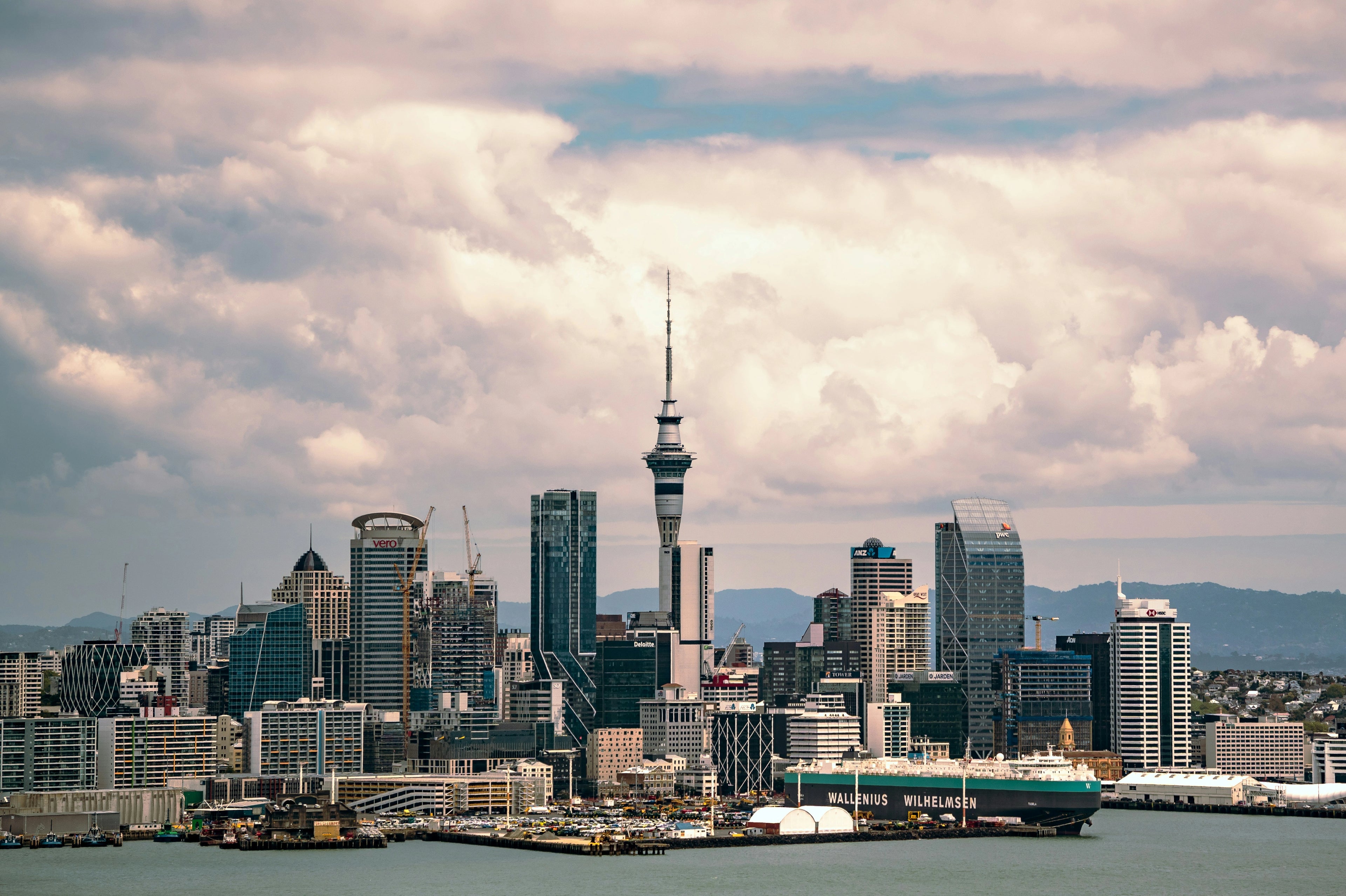 City skyline with a prominent tower under a cloudy sky